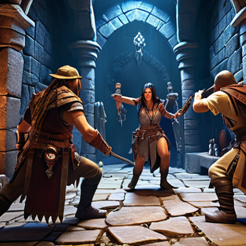 Home 6 A diverse team of AoZ heroes synergizing their skills in a vibrant, action-packed dungeon crawl. Include visual cues of experience points being gained.